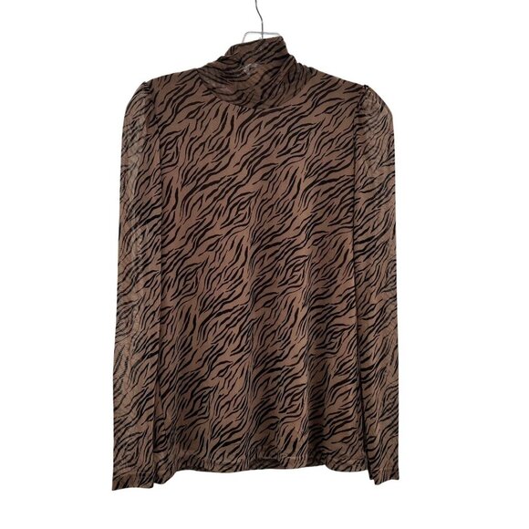 Jane & Delancey Animal Print Mock Neck Top Long Bishop Sleeve Brown Size Small - Picture 1 of 9
